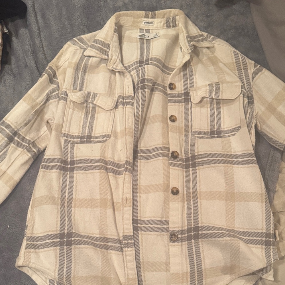 Hollister Cream and Grayish/Blue Plaid Shirt